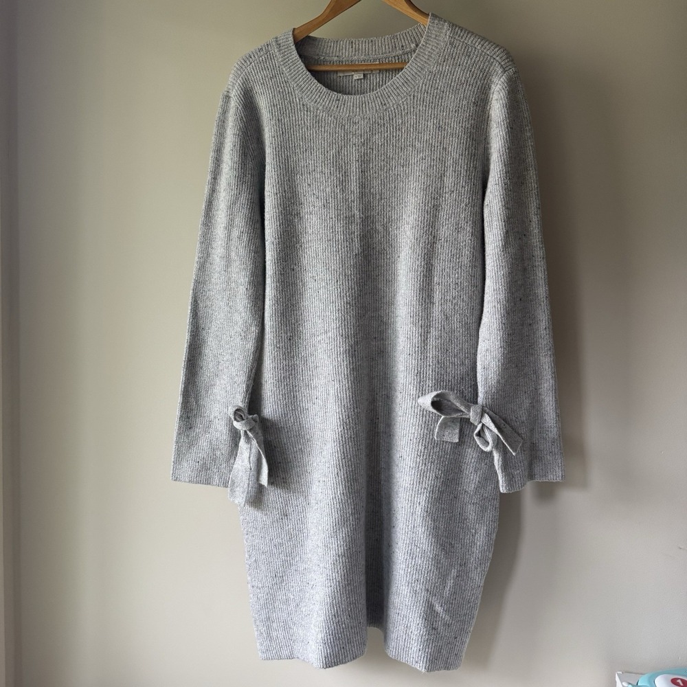 LOFT Gray Confetti Ribbed Knit Sweater Dress XL Bow Sleeve Tie Coquette Winter